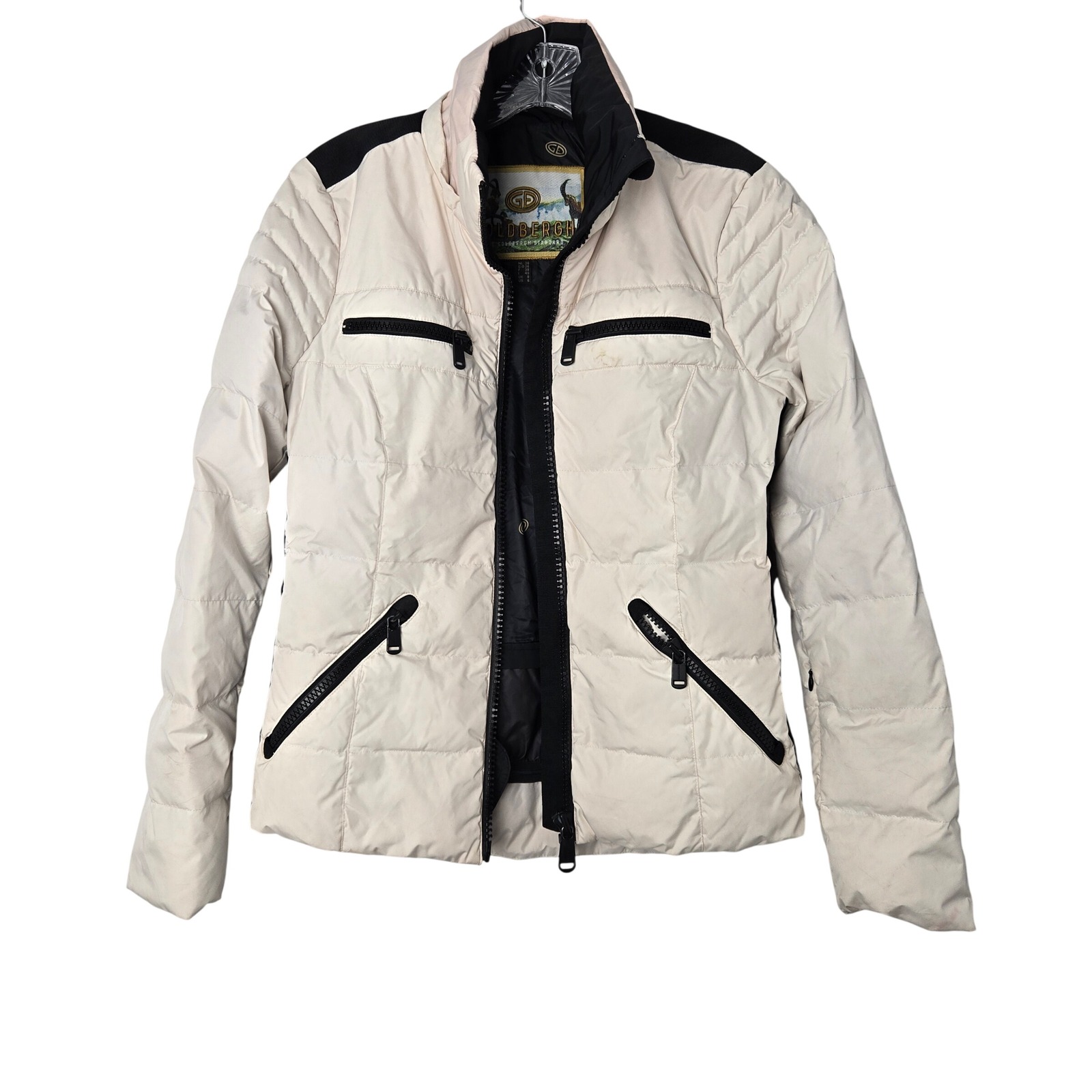 Goldbergh Down Filled Puffer Jacket Cream Black Zip Pockets Women's Size 6